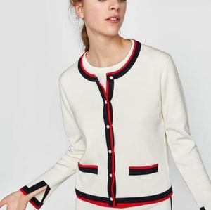 Zara White Pearl Buttons Striped Cardigan